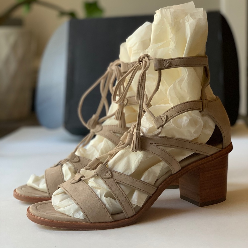 Frye sandals, leather stacked heel, tan, “Brielle”